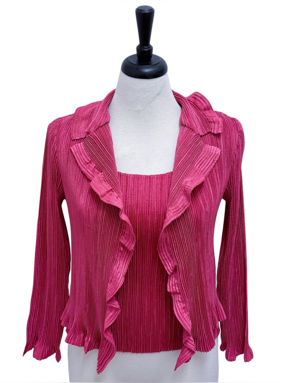 Veeca Pink Pleated Form Fitting Open Front Ruffle Cardigan Scoop Neck Cami Set L